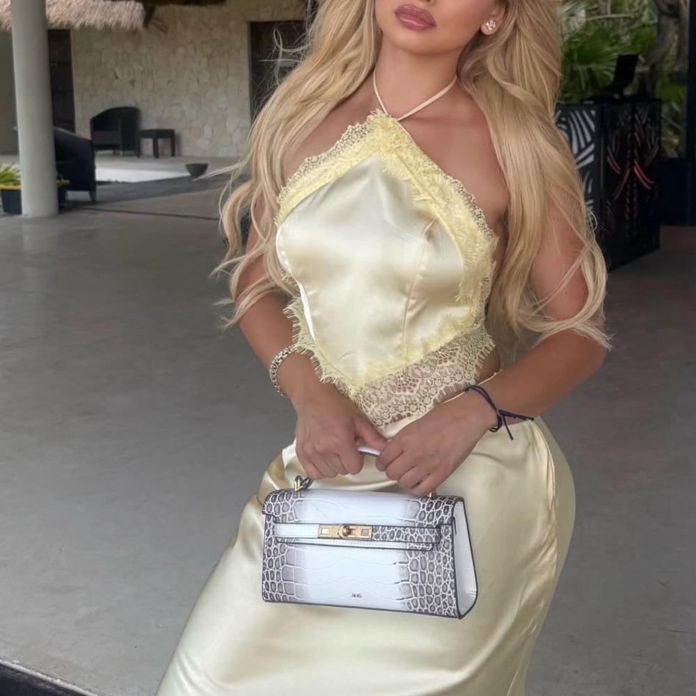 Oh Polly Lemon Satin Lace Halter Dress